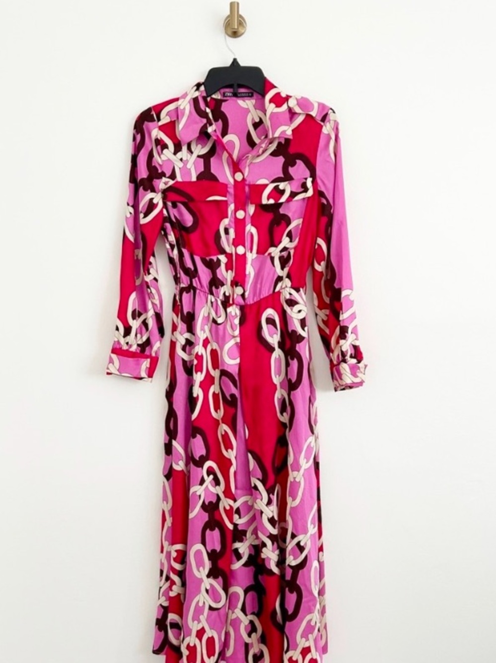 Zara Pink Chain Link Print Satin Midi Shirt Dress Size XS